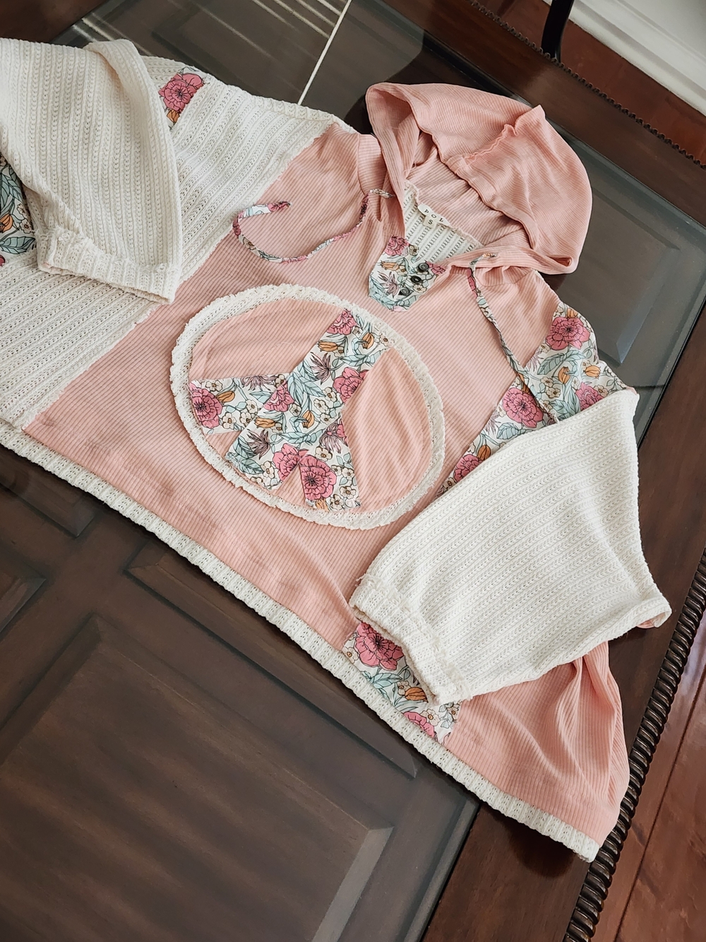 POL Pink Floral Patchwork Hoodie with Cream Sleeve Accents